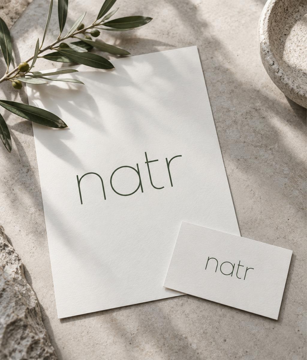 Illustrative natr stationery concept on tactile paper with olive foliage